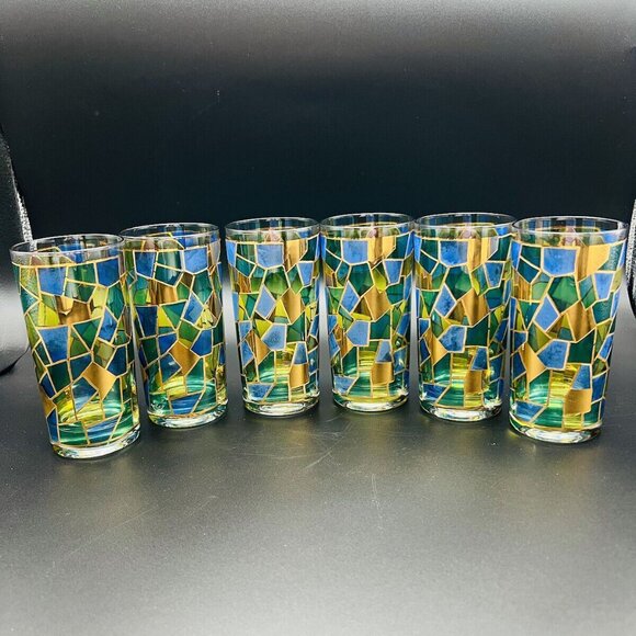 Vtg MCM West Virginia Glass Cocktail Set 22K Gold Mosaic 7 pc 50 oz Pitcher - Picture 5 of 16